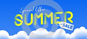 Summer sale promotion website banner heading design on graphic blue sky and cloud background vector for banner or poster. Sale and