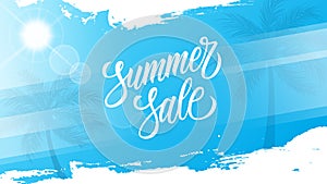 Summer Sale promotional banner. Summertime commercial background with hand lettering, summer sun and palm trees.
