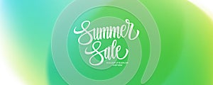 Summer Sale promotional banner. Summertime commercial blurred background with hand lettering.