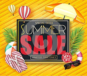 Summer Sale Promotional Design on 3D Frame with Tropical Leaves, Umbrella, Flowers, Slippers, Sunglasses