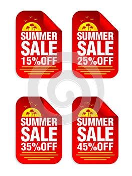 Summer Sale red sticker set. Sale 15%, 25%, 35%, 45% off. Stickers with palms icon