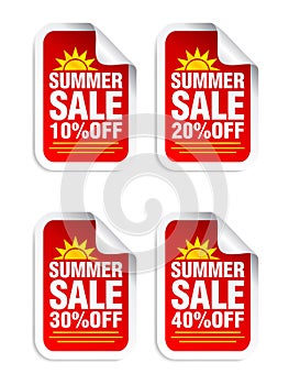 Summer Sale red sticker set. Sale 10%, 20%, 30%, 40% off. Stickers with yellow sun icon