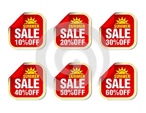 Summer sale red stickers set 10%, 20%, 30%, 40%, 50%, 60% off discount