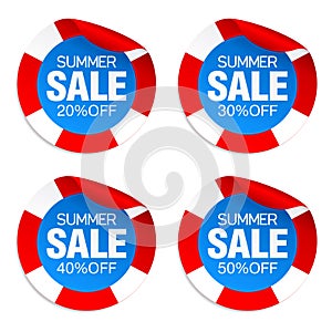 Summer sale red stickers set 20%, 30%, 40%, 50% off discount with lifebuoy