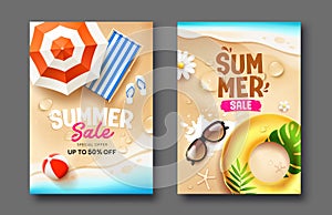 Summer Sale on sand beach poster flyer two holiday design collections
