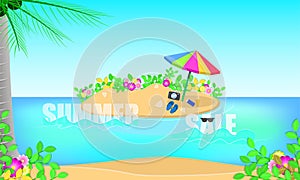 Summer sale season beach. feel fresh with leaf flowers beautiful blue sky sea holiday. vector illustration eps10