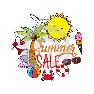 Summer sale season offer discount poster with sun palm ice cream sunglasses