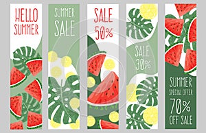 Summer Sale. Set of banners or posters with many slice of watermelon and lemon. Hand drawn vector illustration.