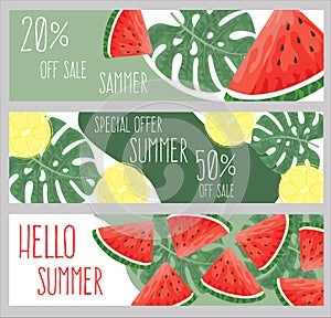 Summer Sale. Set of banners or posters with many slice of watermelon and lemon. Hand drawn vector illustration.