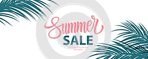 Summer Sale special offer banner. Summertime seasonal background with hand lettering and palm leaves for business. photo