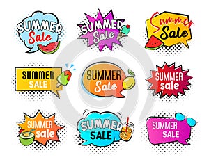 Summer sale speech banner template. Discount sticker tag sale set