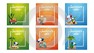 Summer sale, square discount template for your arts with line frame and summer icons.
