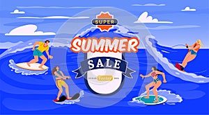 Summer sale. Surf background. Ocean wave. Sea promotion. People surfing and kiteboarding. Big Hawaii beach. Hot discount