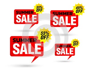 Summer sale tag speech red bubble. Set of 25%, 35%, 45%, 55% off discount