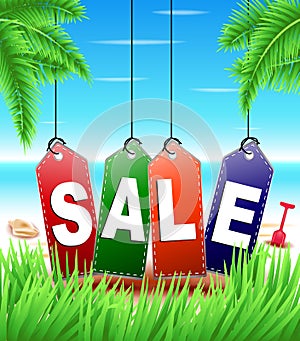 Summer Sale Tags Hanging in Tropical Background