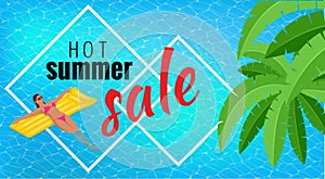 Summer sale template banner. Vector illustration with spesial discount offer. Slim young woman in bikini holding yellow