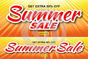 Summer sale template banners with sun rays. Set of glow horizontal sunlight orange background. Vector illustration.