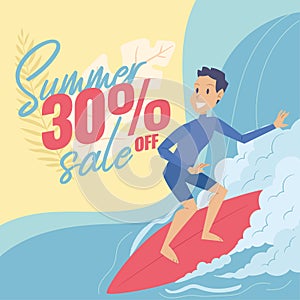 Summer sale template with man surfboarding Vector