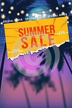 Summer Sale Template poster. Yellow sticker with wrinckles