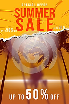 Summer Sale Template poster. Yellow sticker with wrinckles