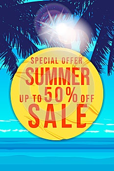 Summer Sale Template poster. Yellow sticker with wrinckles, glued paper patch