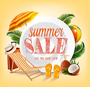 Summer Sale Template Vector Banner With Colorful Beach Elements.