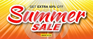 Summer sale template vector banner with sun rays. Glow horizontal sunlight orange background.