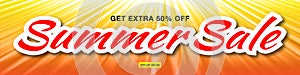 Summer sale template vector banner with sun rays. Glow horizontal sunlight orange background.