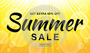 Summer sale template vector banner with sun rays. Glow horizontal sunlight yellow background.