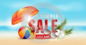 Summer sale text and beach holidays elements promotion  shopping,Summer promo web banner template background vector 3D style