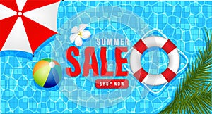 Summer sale text and beach holidays elements promotion  shopping,Summer promo web banner template background vector 3D style