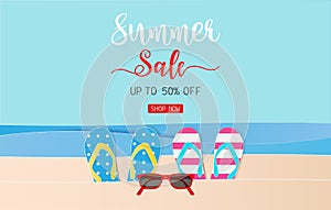 Summer sale text for discount promotion with beach accessories, Paper art style
