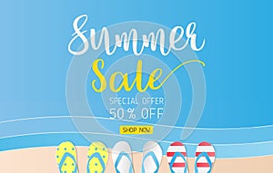 Summer sale text with three pairs of sandals on blue sea background. Paper art style