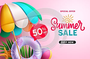 Summer sale text vector banner. Summer sale special offer discount with umbrella, floaters