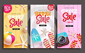 Summer sale text vector poster set. Summer sale special offer text with surfboard, beachball and starfish beach elements.