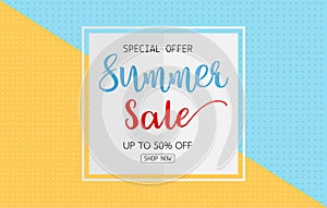 Summer sale text on white card on blue and orange color background