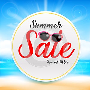 Summer sale titile text on white circle frame Abstract blur sand