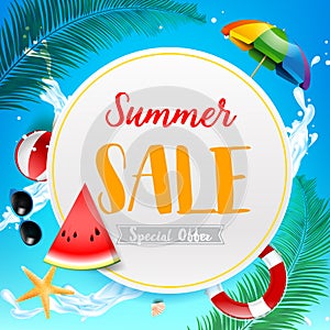 Summer sale titile on white circle over Abstract background top
