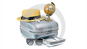 Summer sale. Travel accessories with suitcase, straw hat, toy airplane and globe in minimal trip vacation concept isolated on