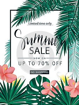 Summer sale. Tropical banner, poster with beautiful flowers, plants and leaves . Vector illustration.