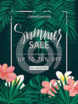 Summer sale. Tropical banner, poster with beautiful flowers, plants and leaves . Vector illustration.