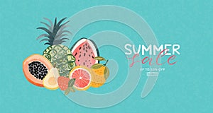 Summer sale, tropical fruit banner ad. Gouache painted summer design elements. Vector illustration.
