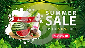 Summer sale, up to 50% off, green discount web banner for your business with watermelon, button, abstract bubbles shape