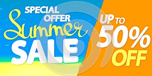 Summer Sale up to 50% off, poster design template, special season offer, discount banner, vector illustration