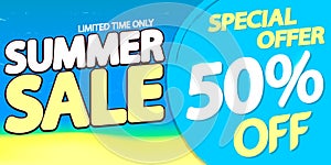 Summer Sale up to 50% off, poster design template, special season offer, discount banner, vector illustration