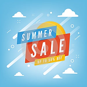 Summer sale up to 50 percent off promotion banner with blue sky & clouds background. Sale and Discounts Concept.