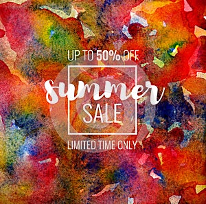 Summer Sale up to 50 percent off. Seasonal discounts. Abstract colorful watercolor banner with hand drawn lettering.