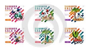 Summer sale, up to 70% off, large collection clickable pop up banners in liquid modern style for your website with summer icons