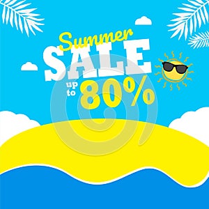 Summer Sale up to 80% background. sun & cloud composition.