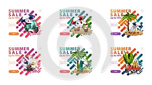 Summer sale, up to 70% off, large collection clickable pop up banners in liquid modern style for your website with summer icons photo